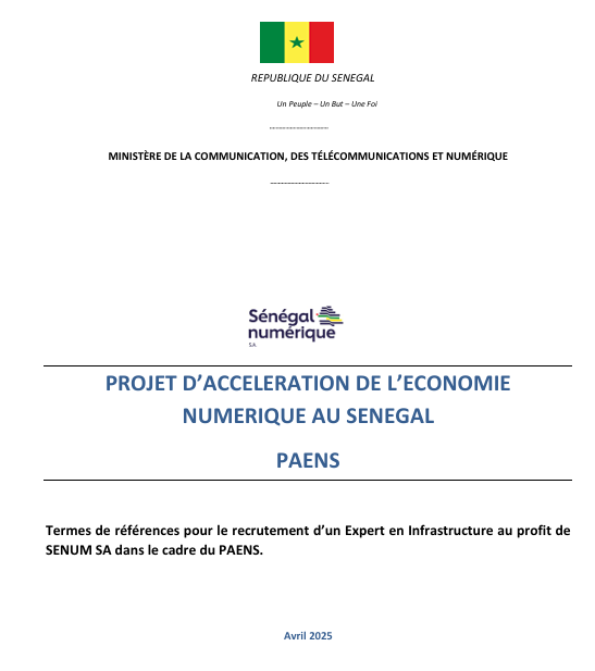 Termes de références pour le recrutement d’un Expert en Infrastructure au profit de SENUM SA dans le cadre du PAENS.
