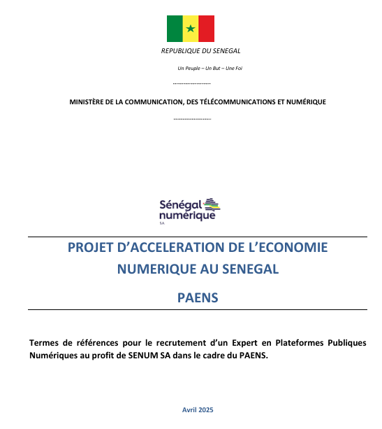 Termes de références pour le recrutement d’un Expert en Plateformes Publiques Numériques au profit de SENUM SA dans le cadre du PAENS.