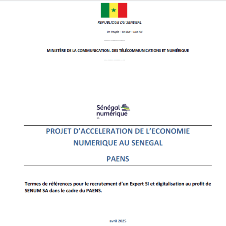 Termes de références pour le recrutement d’un Expert SI et digitalisation au profit de SENUM SA dans le cadre du PAENS.